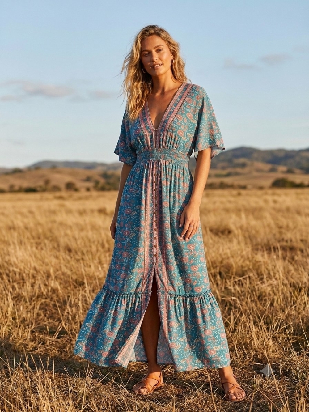 Natural Life Boho Teal Pink Floral Smocked Maxi Dress Medium